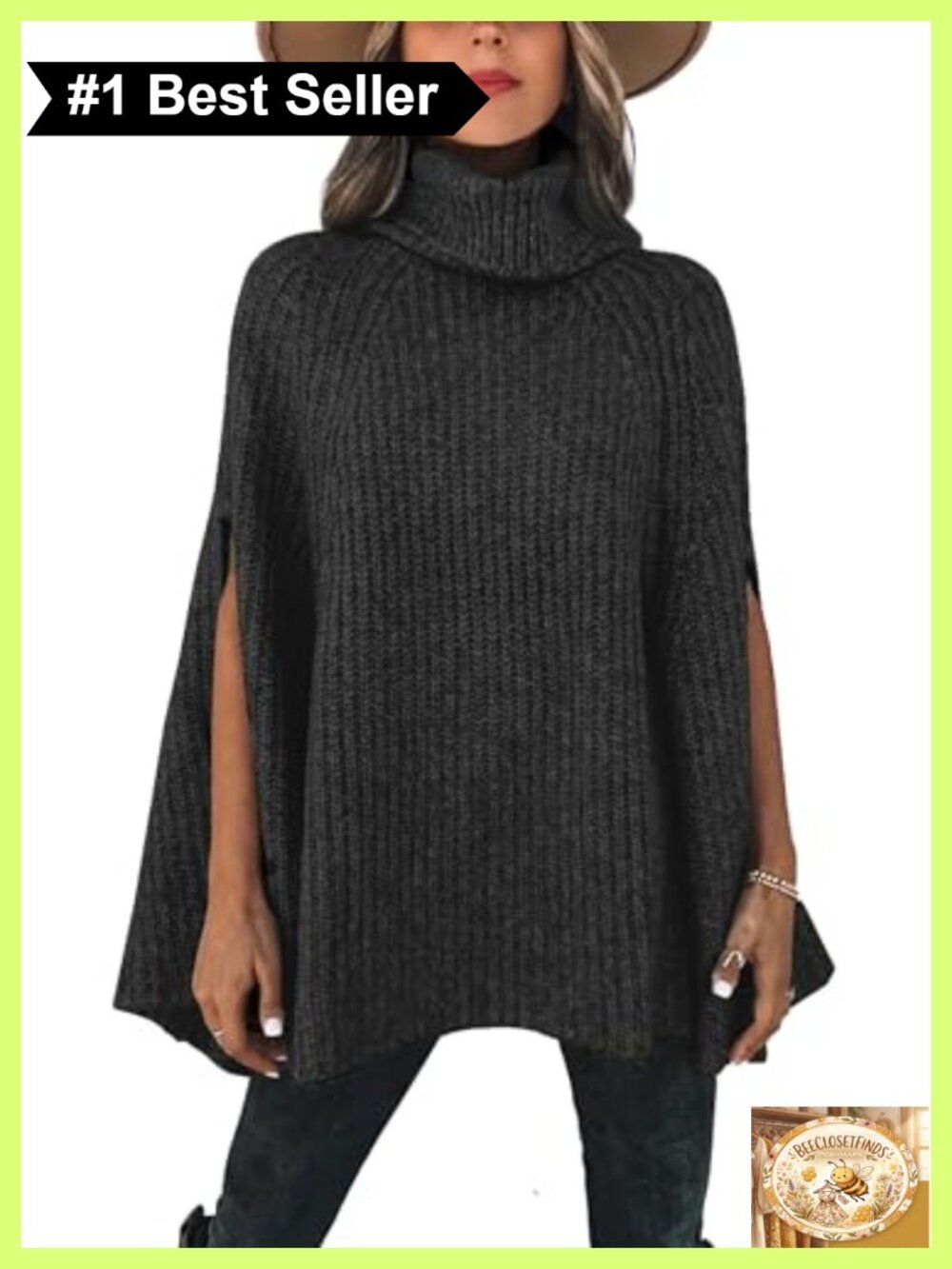 Turtleneck Chunky Poncho Sweater Relaxed Fit Pullover Women